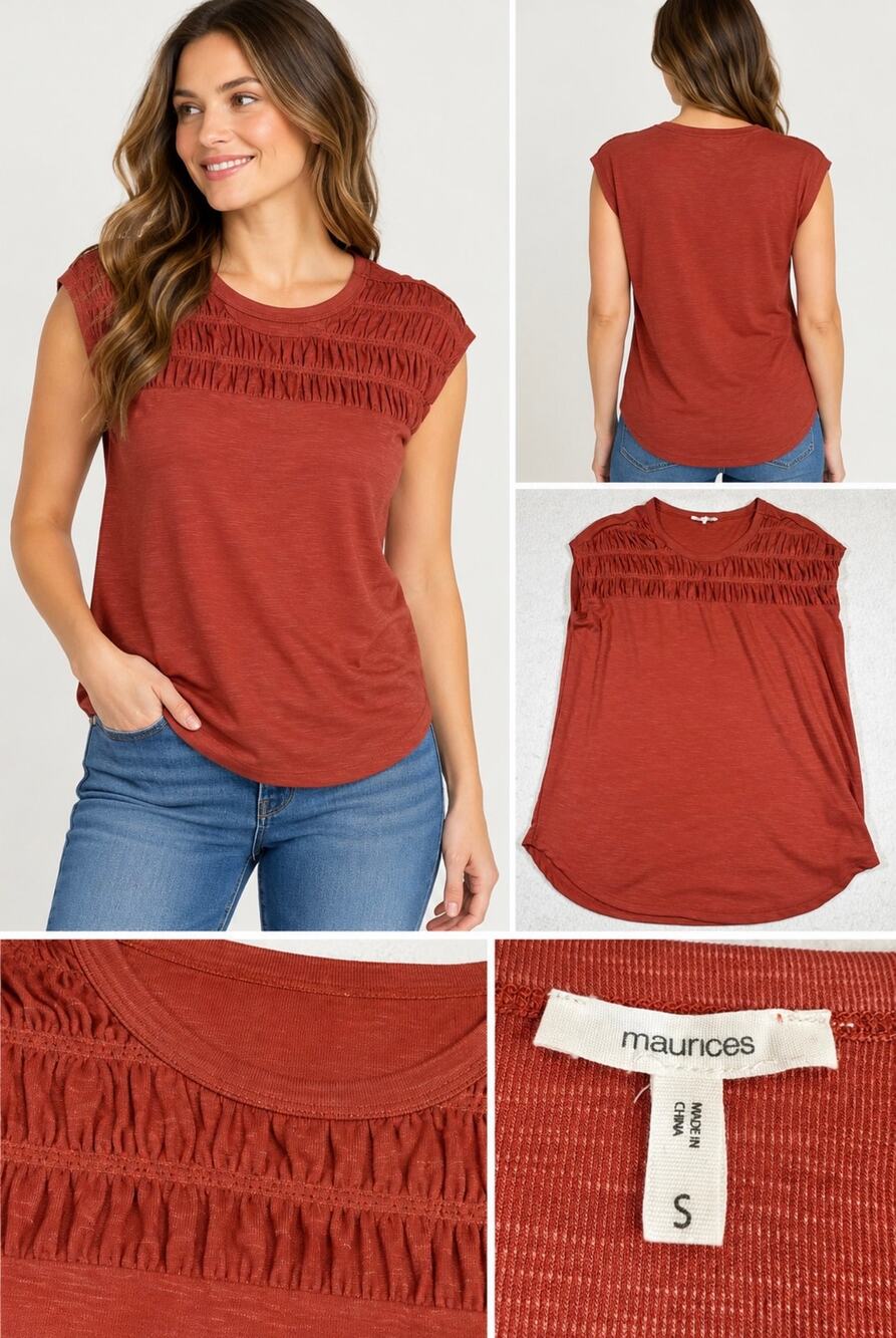 Maurices Women’s Small Rust Smocked Ruched Cap Sleeve Boho Casual Top